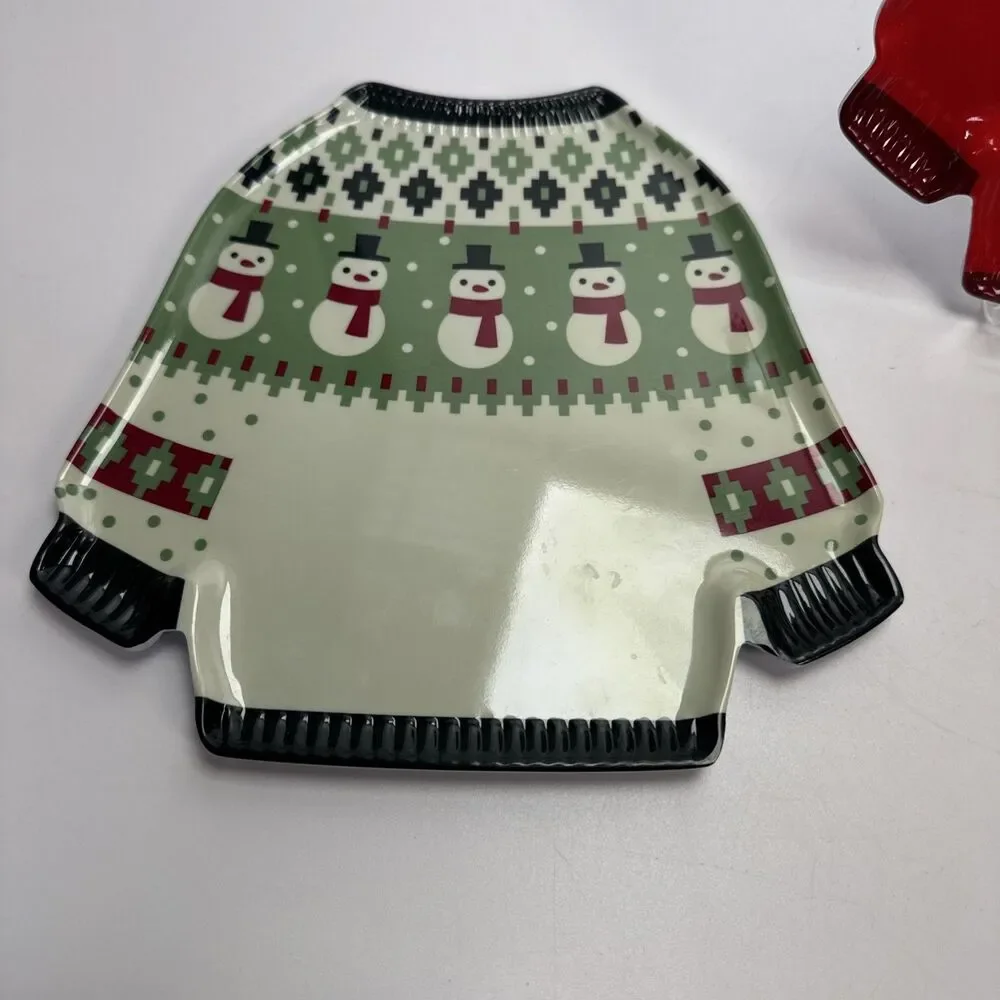 Set of 3 Melamine Ugly Christmas Sweater Plates Holiday Reindeer Snowman Tree